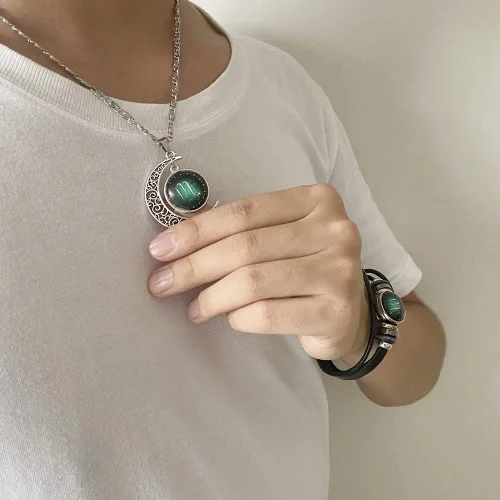 Vista 3 de YANCHUN - Collar y pulsera de cuero modernos con 12 constelaciones del zodiaco astrología galaxia y luna creciente para hombre y mujer juego de 2