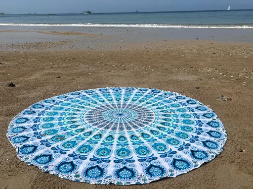 Vista 28 de raajsee Tapiz de Playa Redondo Turquesa Hippie/Boho Manta de Playa Mandala/Manta de Algodón Indio - Mantel Redondo/Decoración del Hogar/Alfombra