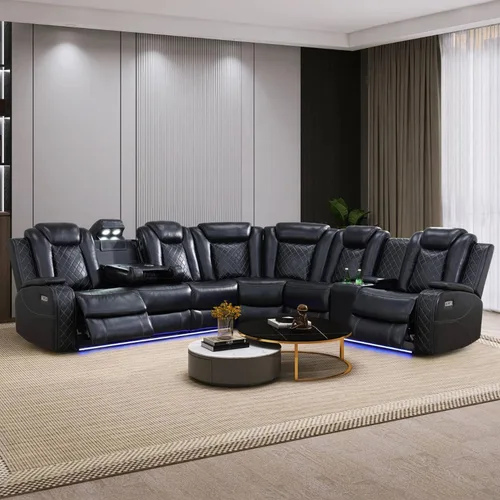 Vista 18 de Juego de sofá modular reclinable eléctrico con luz LED, juego de sofá modular reclinable de cuero, incluye sillón reclinable individual, juego