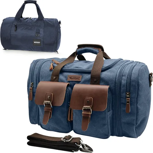 Vista 12 de Wildroad Bolsa de viaje de lona de 50L, bolsa de lona expandible de cuero genuino, bolsa de fin de semana mejorada para una noche, bolsa de mano