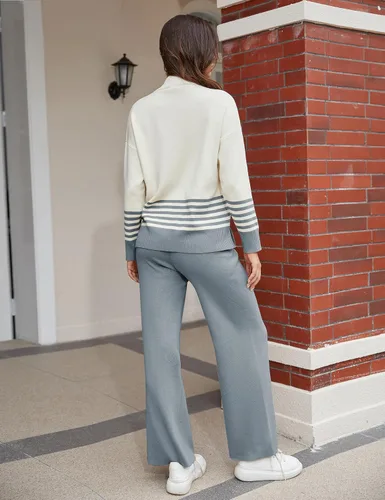 Vista 4 de Himosyber Conjunto de suéter para mujer, 2 piezas, de manga larga, suéter de punto, pantalones deportivos