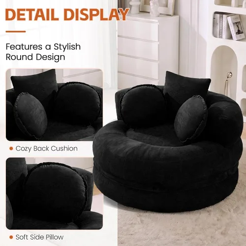Vista 3 de Boneless Convertible Round Floor Sofa Chair with Expandable Seat, Black