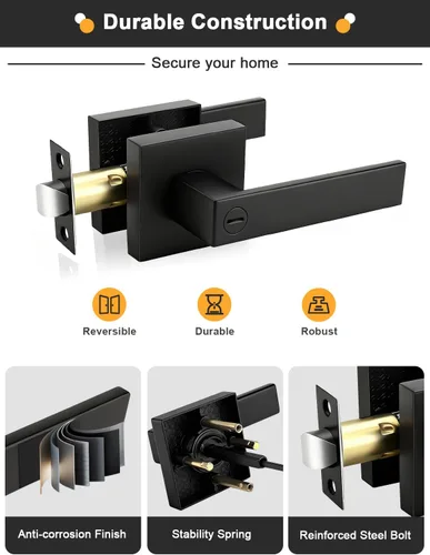 Vista 2 de Gobrico 1 paquete de manijas cuadradas de privacidad para puerta en acabado negro mate, manijas interiores sin llave, reversibles para puertas