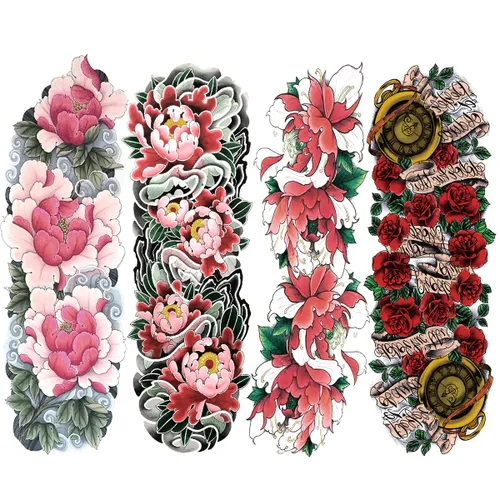 Vista 7 de 4 hojas de tatuajes temporales de brazo completo para adultos, color rosa pistola de tatuajes, impermeables, arte corporal de larga duración