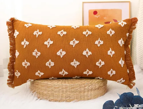 Vista 6 de Funda de almohada lumbar larga bohemia de 14x20 pulgadas con borla, de algodón, con patrón de flores 3D, funda de almohada lumbar larga para sofá