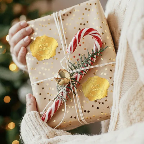 Vista 9 de 300 calcomanías doradas de sello de sobres de Navidad en relieve, calcomanías de Feliz Navidad para sellado de sobres, calcomanías de Navidad