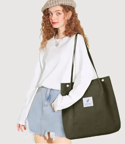 Vista 2 de Bolsa Tote de Pana para Mujeres Pequeña Bolsa de Lona para Hombro Bolsa de Mano de Pana con Bolsillo Interior 02 Verde Ejército