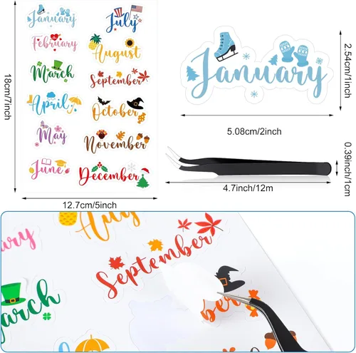 Vista 2 de Epakh 12 hojas de calcomanías para planificador mensual, calcomanías de diario con pinzas para codo, calcomanías creativas para calendarios