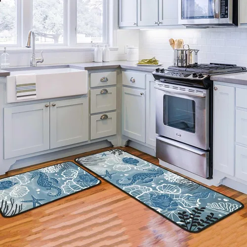 Vista 11 de Juego de 2 tapetes de cocina negros antideslizantes y lavables, juego de 2 tapetes decorativos antifatiga para áreas de cocina y comedor, decoración