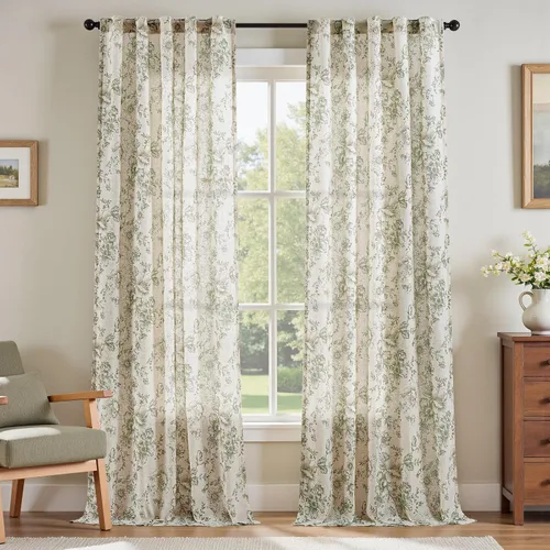 Vista 12 de Jinchan Cortinas de Mezcla de Lino con Estampado Floral para Sala de Estar, 84 Pulgadas de Largo, Cortinas con Bolsillo para Varilla y Tab Trasera