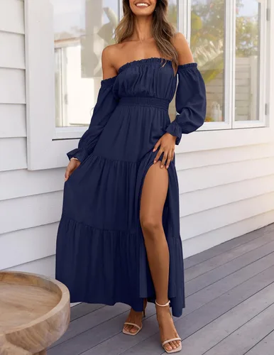 Vista 11 de ZESICA - Vestido largo, bohemio y sexy, con hombros descubiertos y manga larga fruncida, con elástico fruncido, cintura alta y abertura lateral