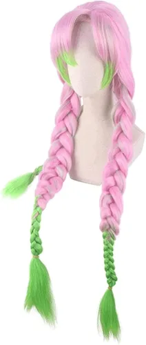 Vista 2 de BYOOTI Kanroji Mitsuri Cosplay Wig Kimetsu No Yaiba Costume Long Pink Mixed Green Braid Heat-resistant Fiber Hair Wigs + W