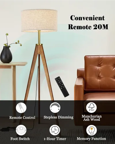 Vista 3 de ELYONA Lámpara de pie para sala de estar, trípode de madera maciza de fresno con control remoto, lámpara de pie regulable sin pasos para dormitorio
