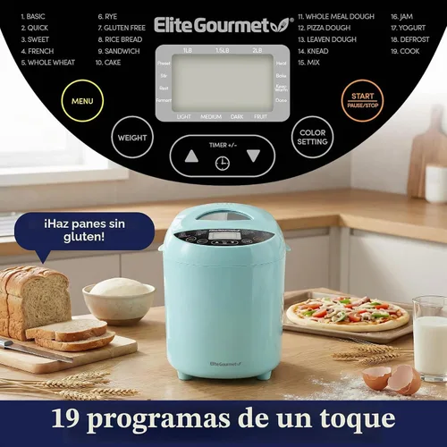 Vista 5 de Elite Gourmet - Máquina para hacer pan programable, 2 libras, 3 tamaños, 19 preajustes, menta Cuenta con ajustes preestablecidos sin gluten, masa