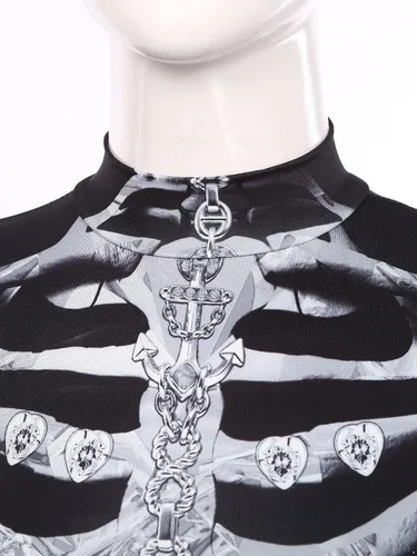Vista 5 de Disfraz de Halloween para mujer, diseño de esqueleto, manga larga, elástico, minivestido casual