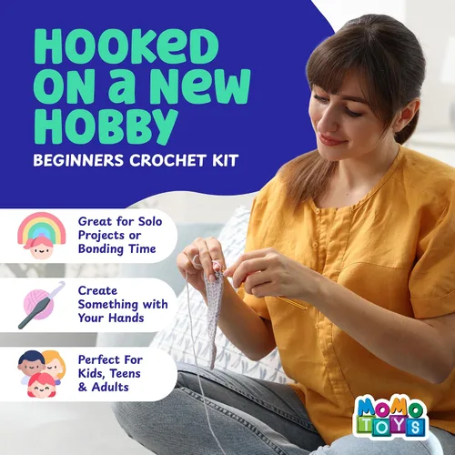 Vista 2 de MOMOTOYS Kit de 80 piezas para aprender a ganchillo para principiantes, adultos y niños, 20 hilos para ganchillo, bolsa de viaje de mezclilla, libro