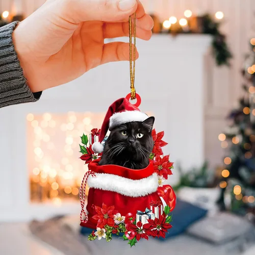 Vista 3 de Talataca Adorno de Navidad plano 2D de gato negro, Gato Negro en bolsa de regalo de Papá Noel rojo, decoración de árbol de pino, colgante de casa 4