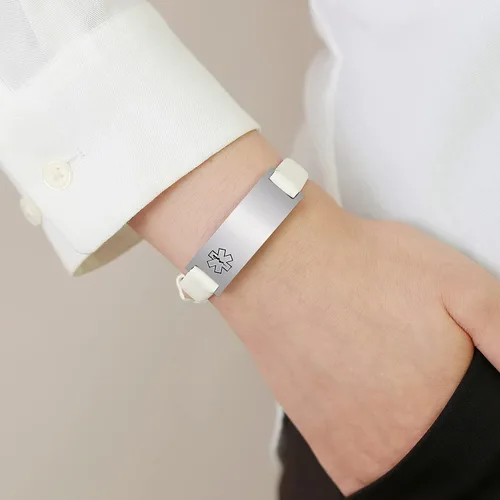 Vista 64 de MPRAINBOW Pulsera de alerta médica personalizada para mujer, correa de reloj de cuero genuino, grabado de doble cara, diabetes, epilepsia, joyería