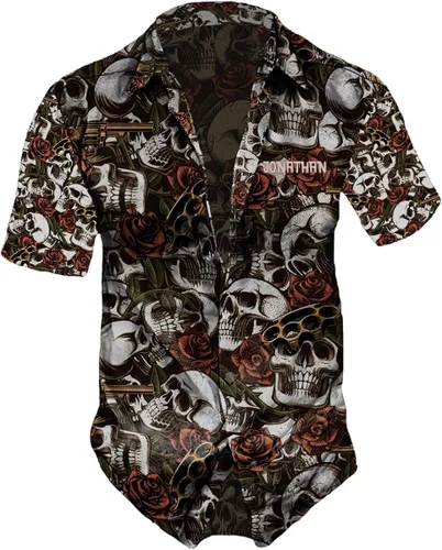 Vista 2 de Camisas hawaianas de calavera para hombre, camisa de calavera y flor, camisa hawaiana de flores hawaianas para hombre, camisa hawaiana de verano