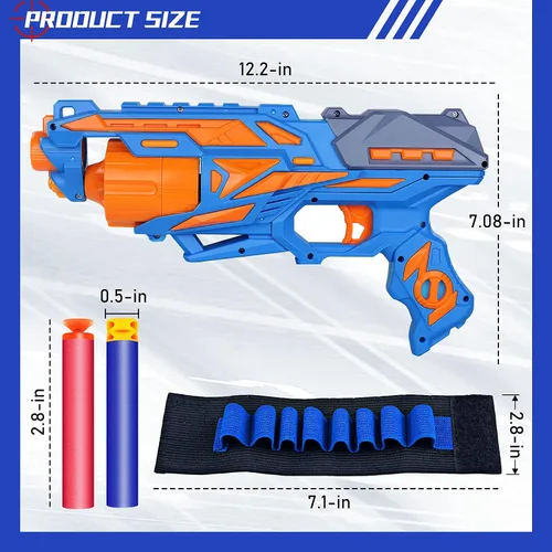 Vista 2 de POKONBOY Paquete de 2 Pistolas Lanzadoras de Espuma de Juguete, Pistola de Juguete Lanzadora con 2 Muñequeras y 80 Dardos de Recambio, Tambor