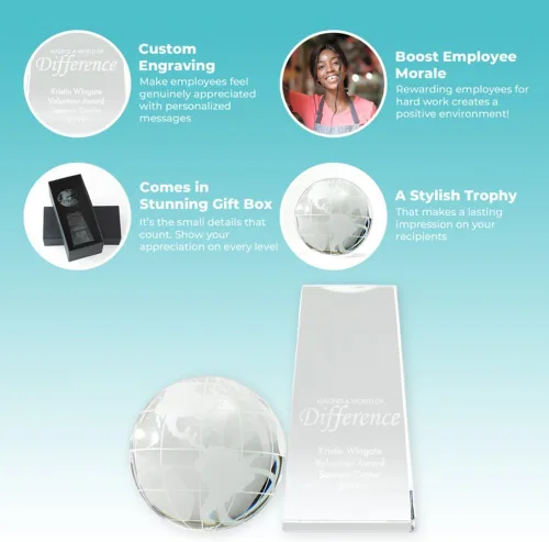 Vista 2 de Trofeo grabado – Cristal ejecutivo – Globo señorial en base rectangular – Viene en caja de regalo – Premio para empleados Globe Tower