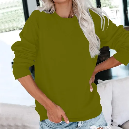 Vista 2 de Sudaderas para mujer, casuales, lindas camisas de manga larga con cuello redondo, ajuste relajado, color dopamina