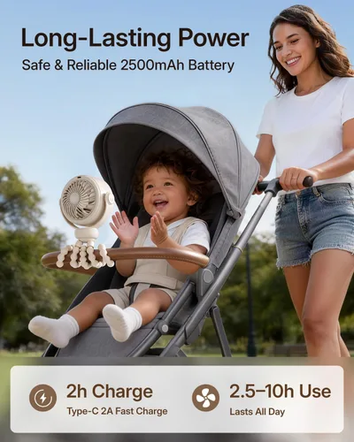 Vista 5 de SWEETFULL Ventilador portátil para cochecito, ventilador de bebé a prueba Crema