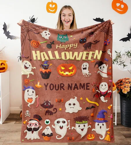 Vista 12 de Manta de Halloween personalizada con nombre, mantas de Halloween personalizadas para niños, Halloween personalizada para niños y niñas, bonita manta