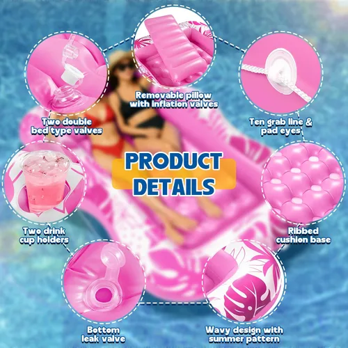 Vista 3 de Tumbona de piscina bronceadora – Flotador inflable grande de 59 x 78.7 pulgadas para adultos, bañera de sol 2 en 1 y balsa de descanso con soportes