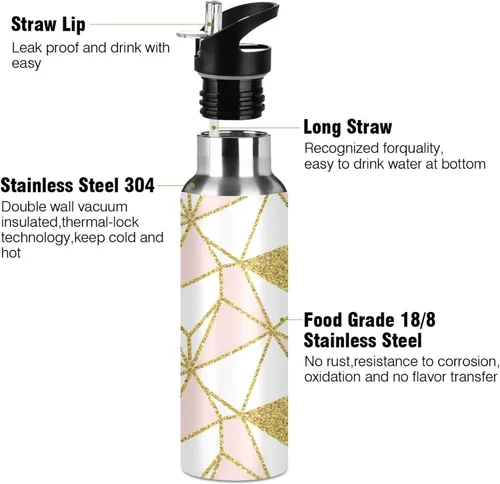 Vista 3 de Stainless Steel Vacuum Insulated Water Bottle 20 Oz, Leakproof Water Bottles for Gym Outdoor Travel School, Geometric Gold Triangles