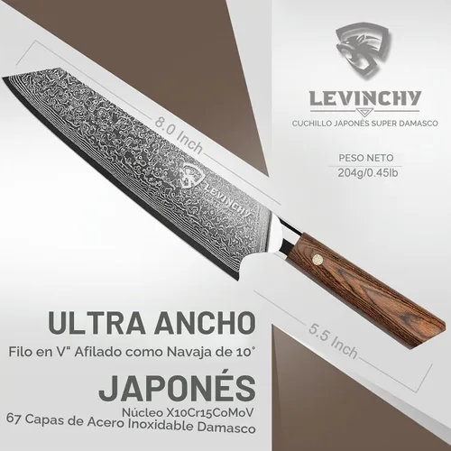 Vista 4 de Cuchillo de chef de Damasco hecho a mano de 8 pulgadas con mango Cuchillo de chef de Damasco de 8" con mango de madera de Pakka