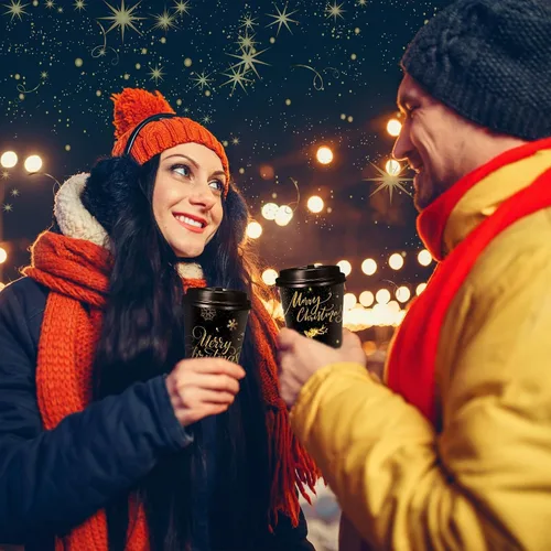 Vista 6 de Uiifan Paquete de 50 Tazas de Café Navideñas de 16 oz a Granel Negras Doradas con Copos de Nieve Tazas Desechables Tazas de Papel Feliz Navidad