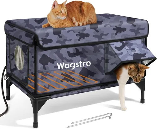 Vista 12 de Casa climatizada para gatos para exteriores, casa aislada a la intemperie para gatos al aire libre con aleros impermeables y puerta de escape