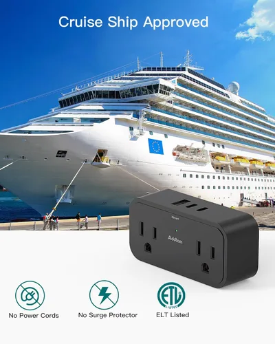 Vista 2 de Accesorios Esenciales para Crucero, Tira de Alimentación para Viajes - Extensor de Enchufes con 4 Salidas de CA, 3 USB (2 USB C), Sin Protector