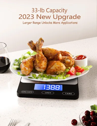 Vista 5 de Báscula digital de cocina de 33 libras para alimentos, onzas, recargable, acero inoxidable 304, baterías y carga tipo C, perfecta para preparar