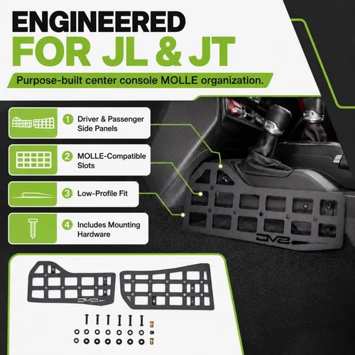 Vista 6 de Paneles Molle de consola central DV8 para Jeep Wrangler JL y Gladiator JT 3mm steel molle panels, fits 2018-2026 Jeep JL & 2020-2026 JT, manual &