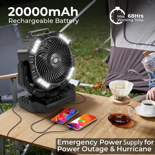 Vista 2 de 68HRS - Ventilador de campamento para correr con luz, batería recargable de 20000 mAh, potentes 4 velocidades y oscilación automática, temporizador