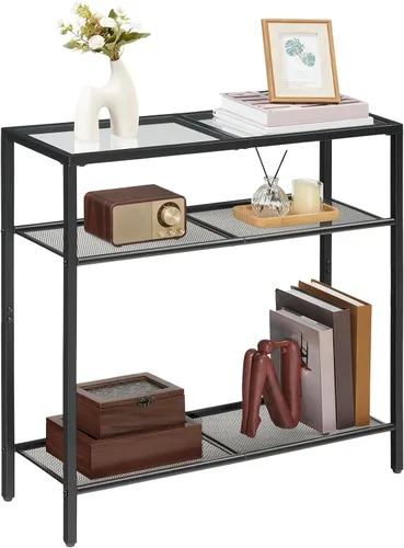 Vista 5 de HOOBRO Mesa consola estrecha de 29.5 pulgadas, mesa de sofá de vidrio Negro