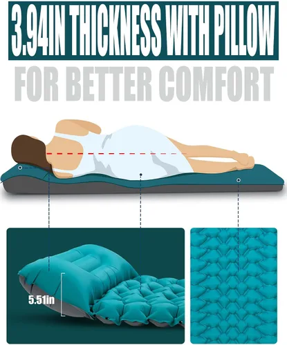 Vista 2 de AKSOUL Colchoneta de dormir para acampar con almohada: extra gruesa de 3.9 pulgadas, ultraligera autoinflable, colchón inflable compacto y ligero