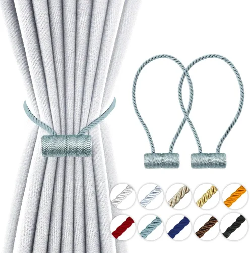Vista 21 de Alzapaños magnéticos fuertes de 18 pulgadas, sujetadores de cortina modernos, estilo trenzado, cuerda decorativa para cortinas (2 unidades, beige)