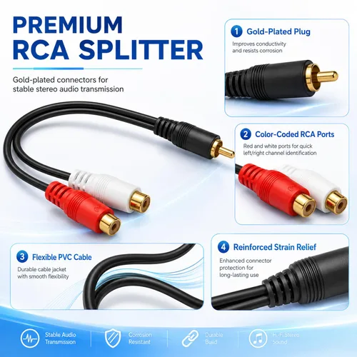 Vista 3 de Eanetf Cable divisor RCA de 1 macho a 2 hembras para altavoz de audio en Y, con conductor OFC, blindaje doble, carcasa de metal chapado en oro
