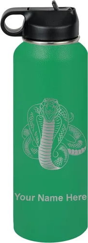 Vista 60 de LaserGram Botella de agua personalizada, serpiente de cobra, acero inoxidable de doble pared aislada al vacío con popote superior, regalo grabado