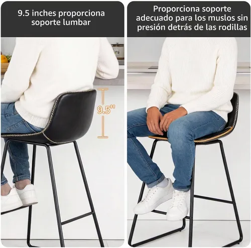 Vista 7 de HeuGah Juego de 2 taburetes de bar de piel sintética, sillas de comedor con patas de metal y respaldo suave, fáciles de montar Negro