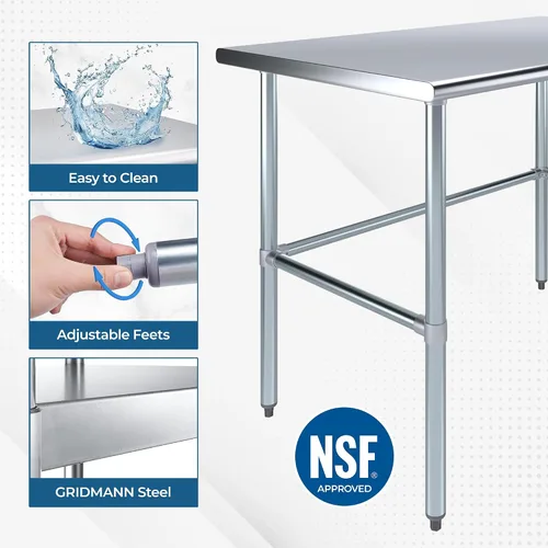 Vista 5 de Mesa de Trabajo de Acero Inoxidable con Base Abierta de 24" x 14" – Mesa Comercial Compacta Certificada NSF con Patas Galvanizadas para Cocinas
