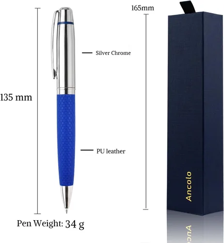 Vista 6 de Ancolo Bolígrafo cromado plateado personalizado, impresionante bolígrafo de lujo con piel sintética, personaliza tu mensaje, nombre. Set de regalo