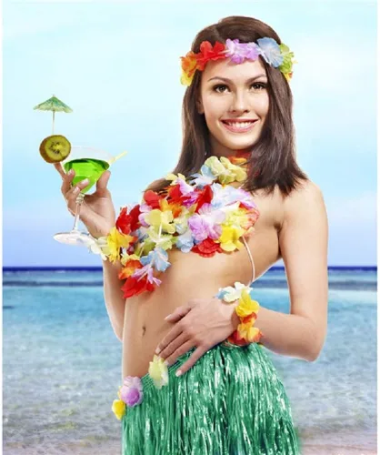 Vista 3 de Falda hawaiana de hierba de bailarina hula hawaiana, colorida, tropical, Luau, flor, Leis, diadema, collares, pulseras, suministros para fiestas