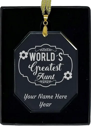 Vista 5 de LaserGram Adorno de Navidad de vidrio personalizado, tía más grande del mundo, idea de regalo grabada con láser personalizada (forma redonda)