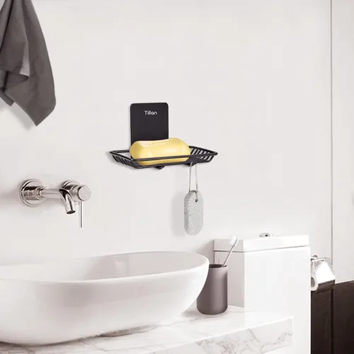 Vista 2 de Jabonera autoadhesiva para ducha, soporte de pared para jabón de baño, acero inoxidable, color negro