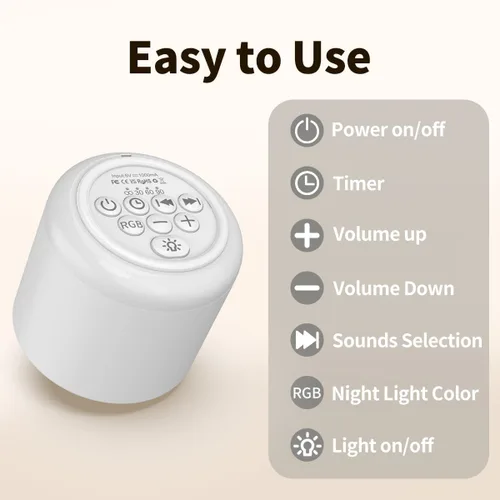 Vista 6 de Máquina portátil de ruido blanco, mini máquina de sonido con luz, 30 sonidos relajantes, recargable para adultos, bebés, niños, máquina de ruido