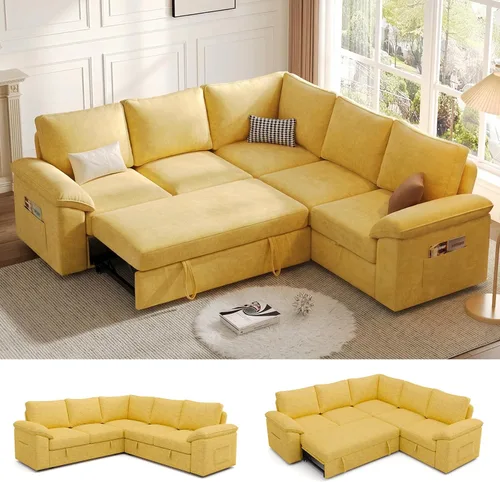 Vista 32 de Sofá Seccional Modular de 85 Pulgadas con Cama Extraíble, Sofá Cama Seccional en Forma de L de 5 Asientos con Almacenamiento, Sofás Seccionales